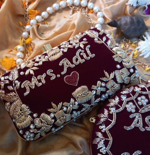 Customized Handmade Bridal Clutch | Pearl & Zari Work Name Clutch