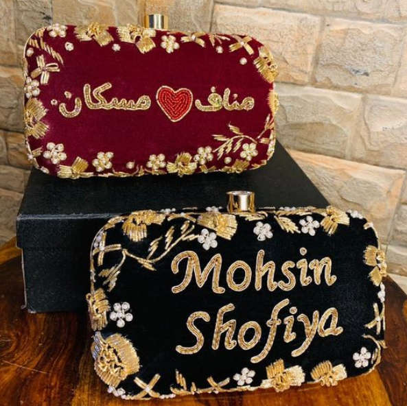 Customized Handmade Bridal Clutch | Pearl & Zari Work Name Clutch