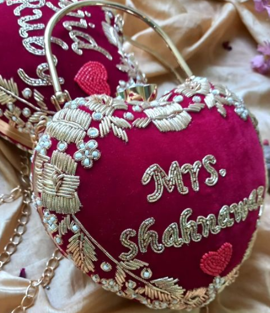 Customized Handmade Bridal Clutch | Pearl & Zari Work Name Clutch