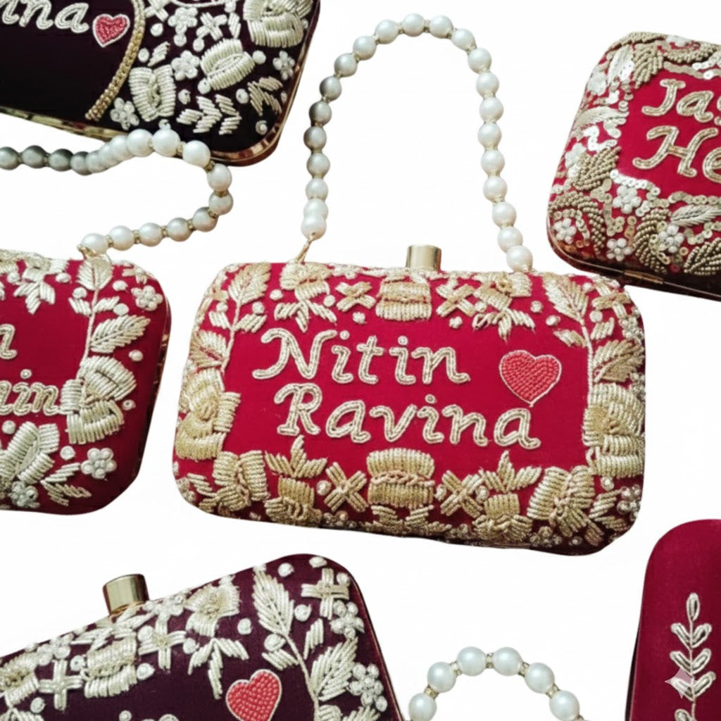 Customized Handmade Bridal Clutch | Pearl & Zari Work Name Clutch