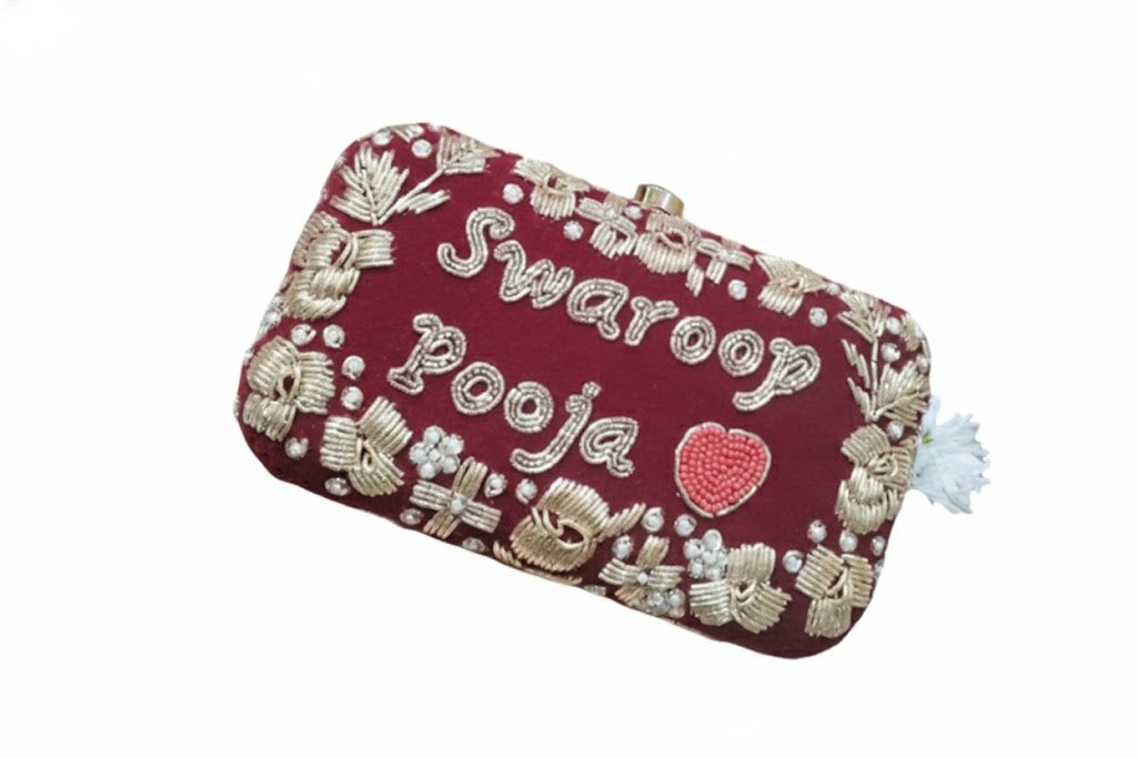Customized Handmade Bridal Clutch | Pearl & Zari Work Name Clutch